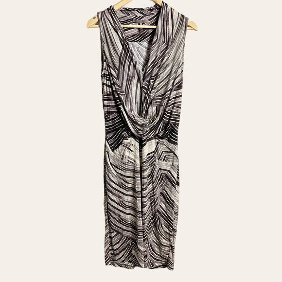 Halston Heritage Gray White Abstract Striped Draped Front Sleeveless Dress Sz 4 - Picture 1 of 7